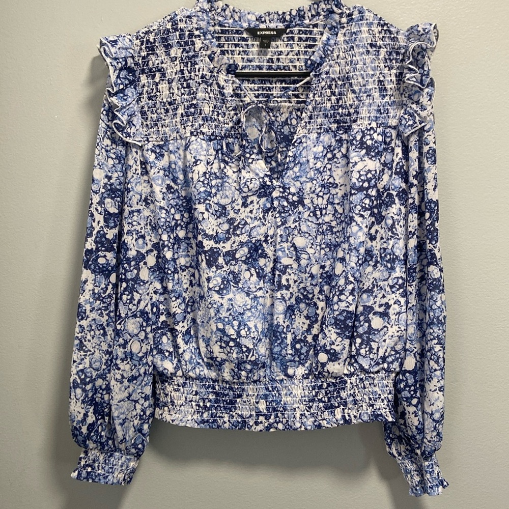 Express Smocked Ruffle Long Sleeve Blouse – Blue & White Print – Size Small
